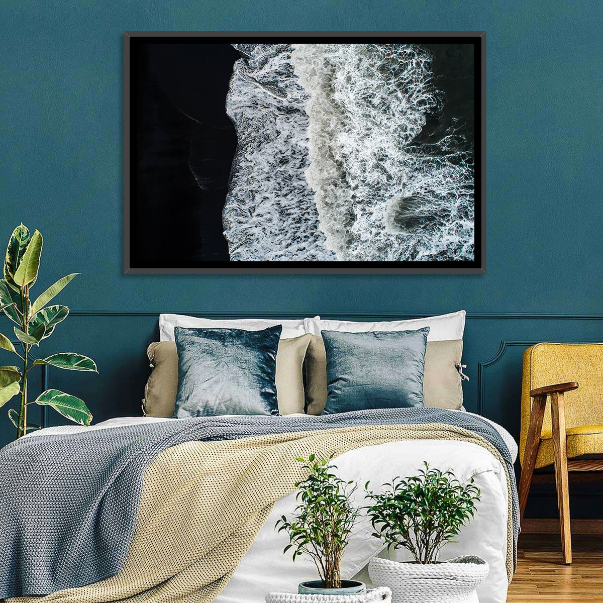 Aerial Black Sand Shoreline Wall Art in a room, landscape