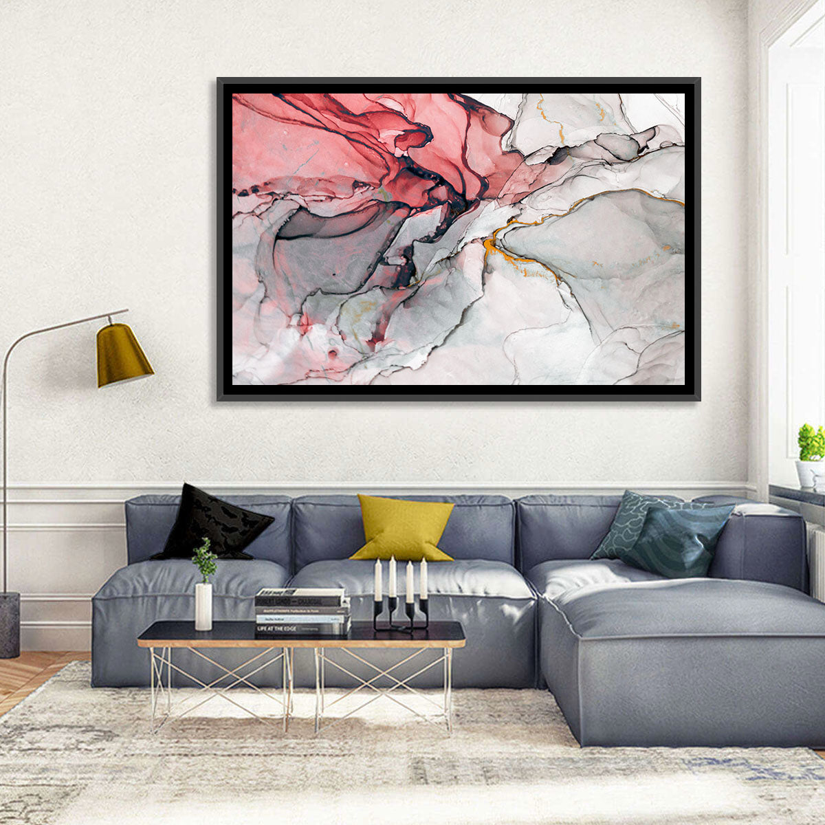 Pink Gray Marble with Gold Veins Wall Art in a room, landscape