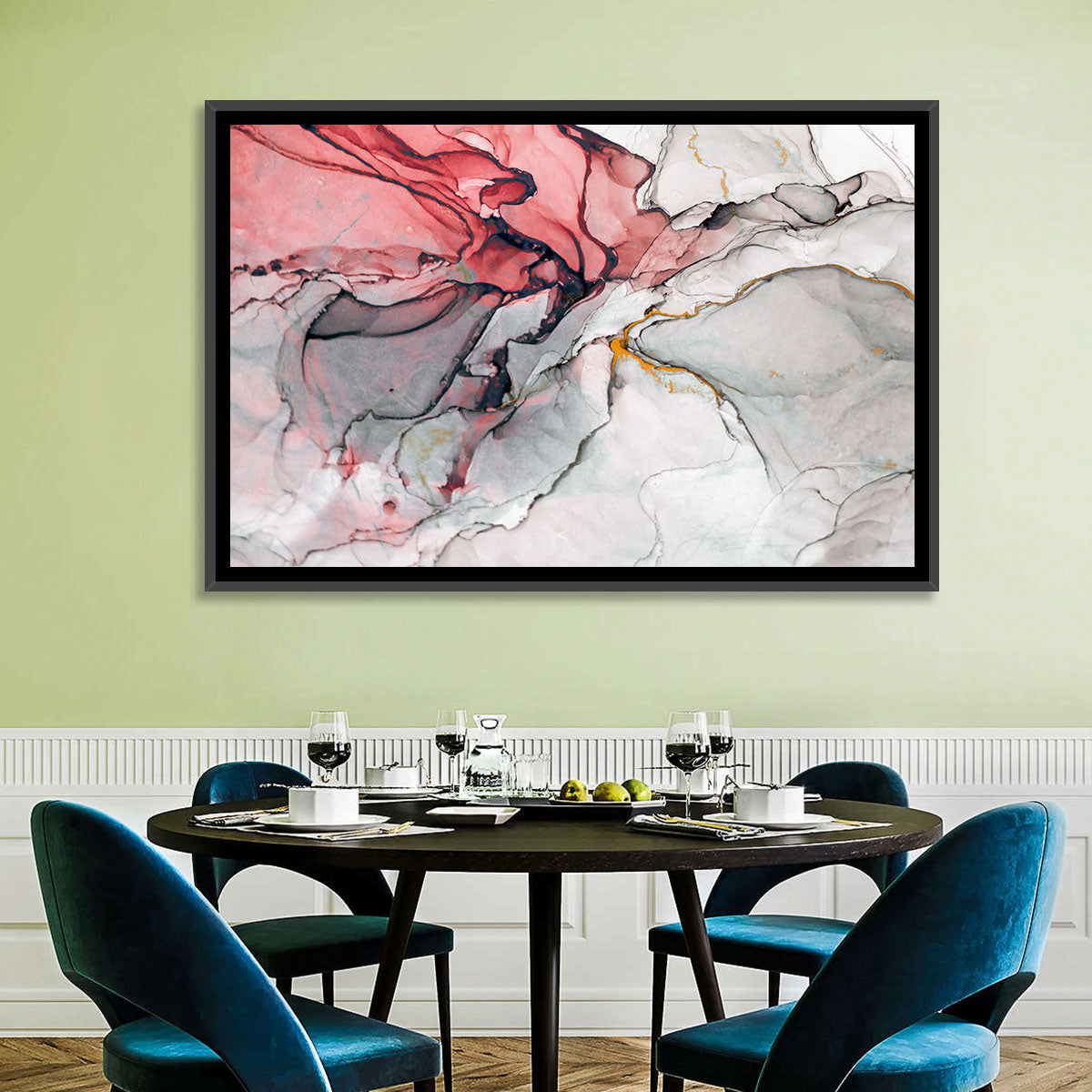 Pink Gray Marble with Gold Veins Wall Art in a room, landscape