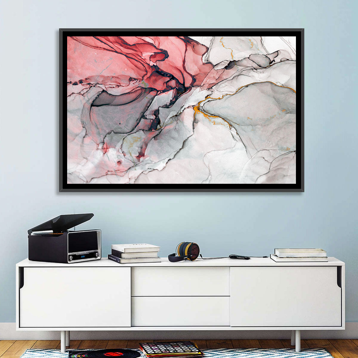 Pink Gray Marble with Gold Veins Wall Art in a room, landscape