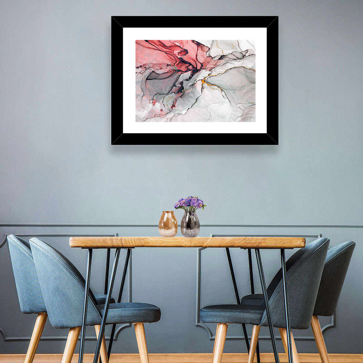 Pink Gray Marble with Gold Veins Wall Art in a room, landscape