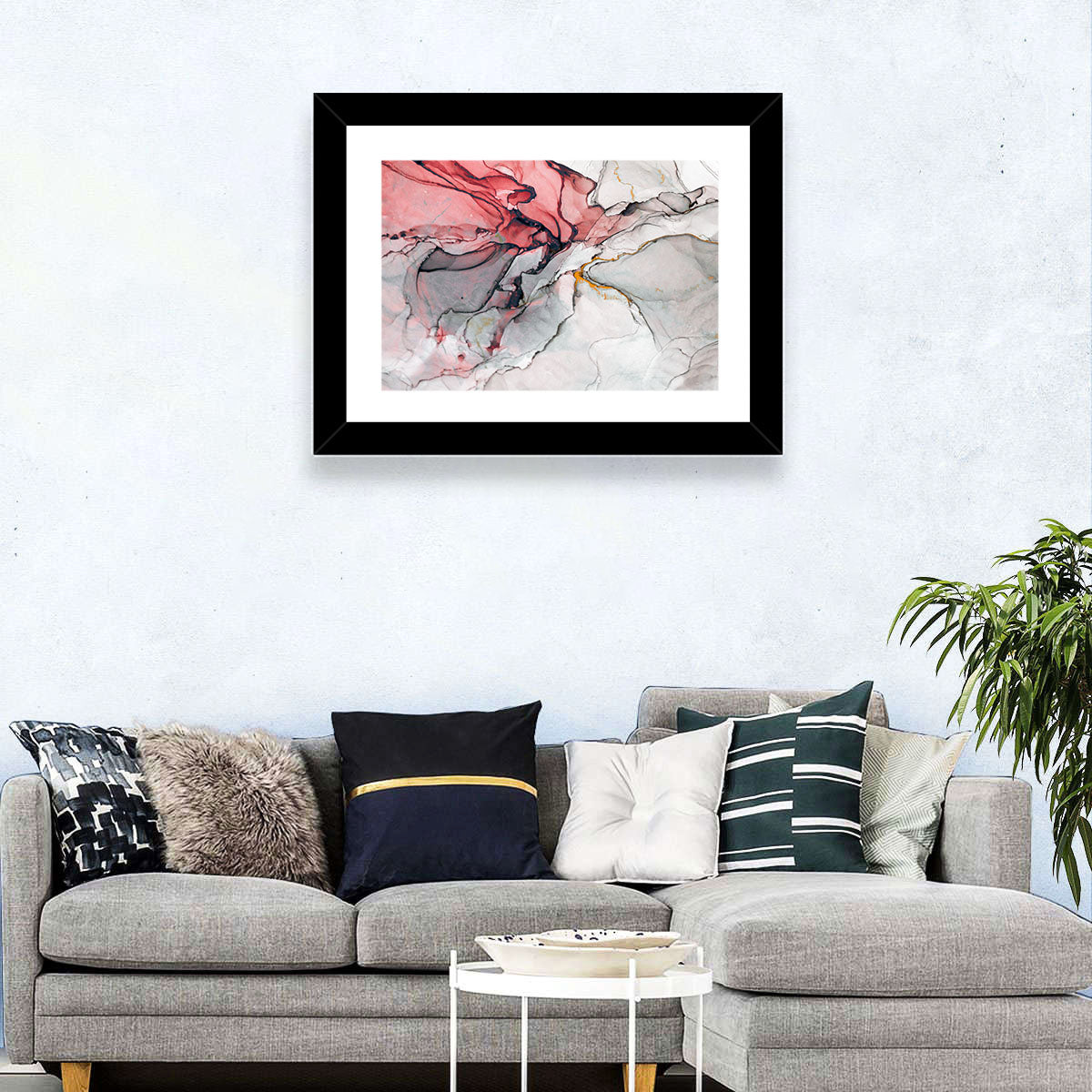 Pink Gray Marble with Gold Veins Wall Art in a room, landscape