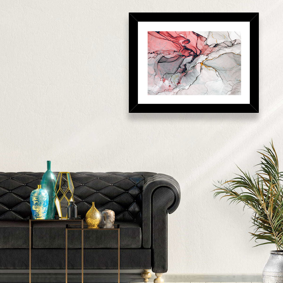 Pink Gray Marble with Gold Veins Wall Art in a room, landscape