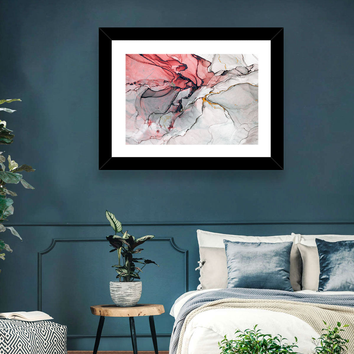 Pink Gray Marble with Gold Veins Wall Art in a room, landscape