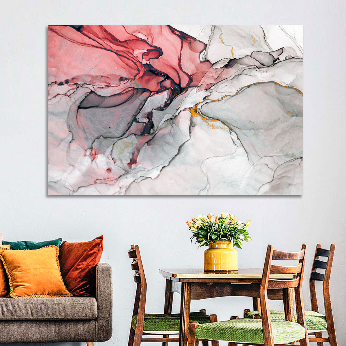 Pink Gray Marble with Gold Veins Wall Art in a room, landscape