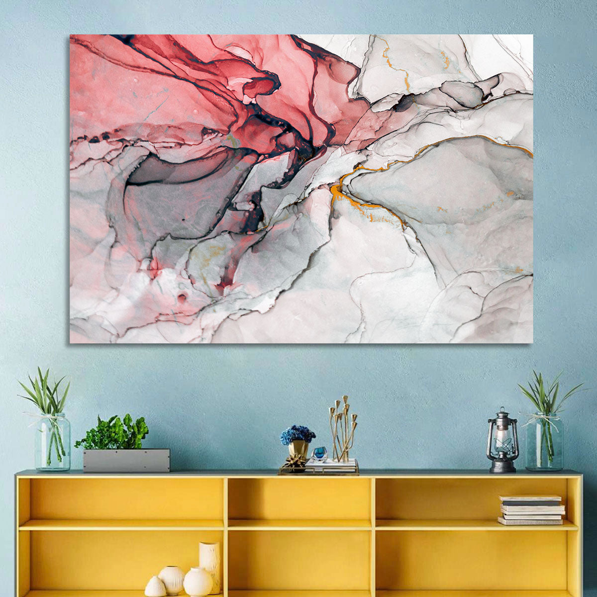 Pink Gray Marble with Gold Veins Wall Art in a room, landscape