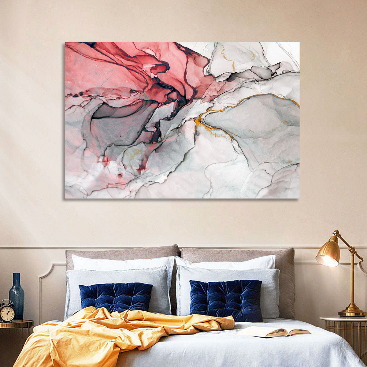 Pink Gray Marble with Gold Veins Wall Art in a room, landscape