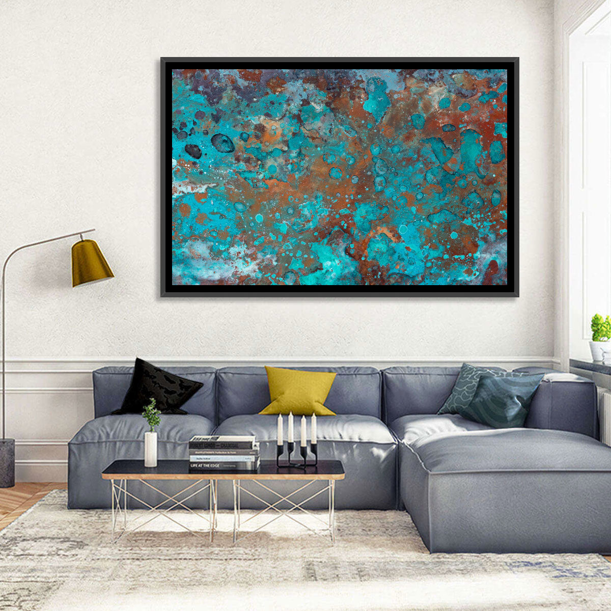 Oxidized Metal Abstract Texture Wall Art in a room, landscape