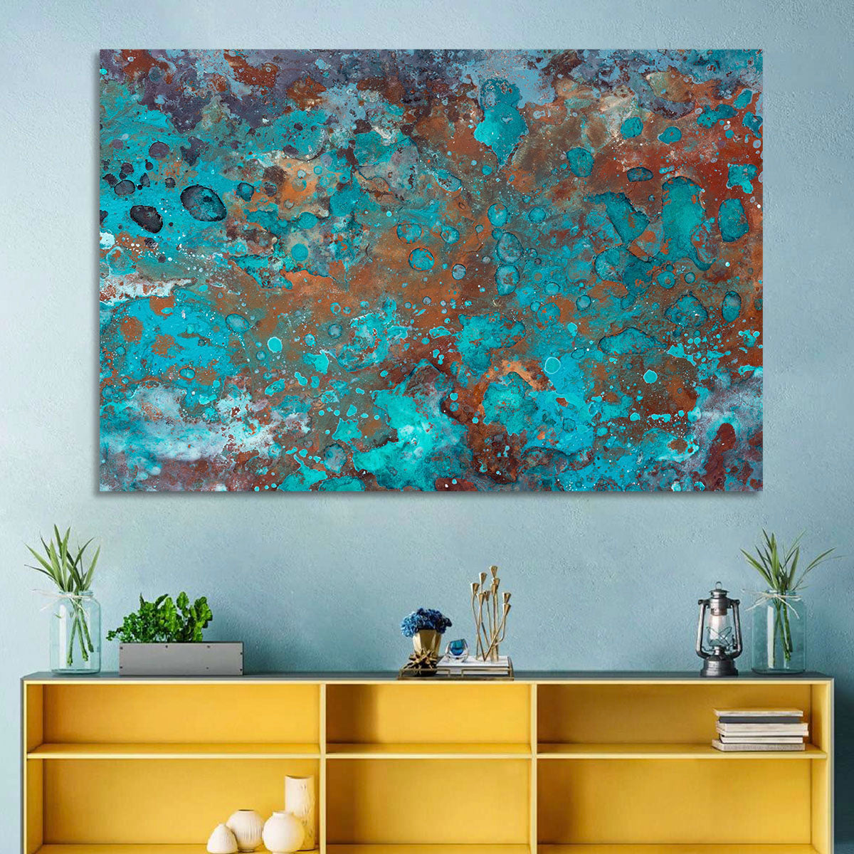 Oxidized Metal Abstract Texture Wall Art in a room, landscape