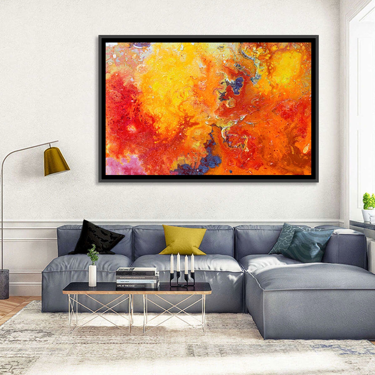 Molten Red Abstract Texture Wall Art in a room, landscape