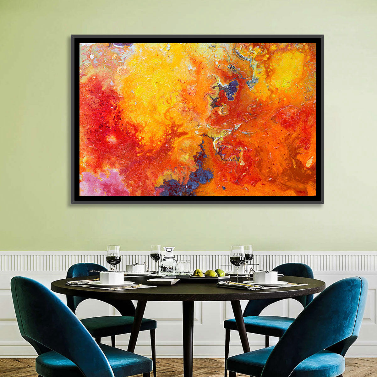 Molten Red Abstract Texture Wall Art in a room, landscape