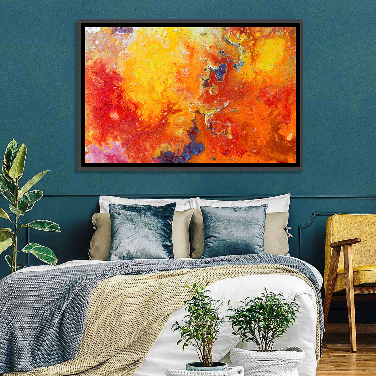 Molten Red Abstract Texture Wall Art in a room, landscape