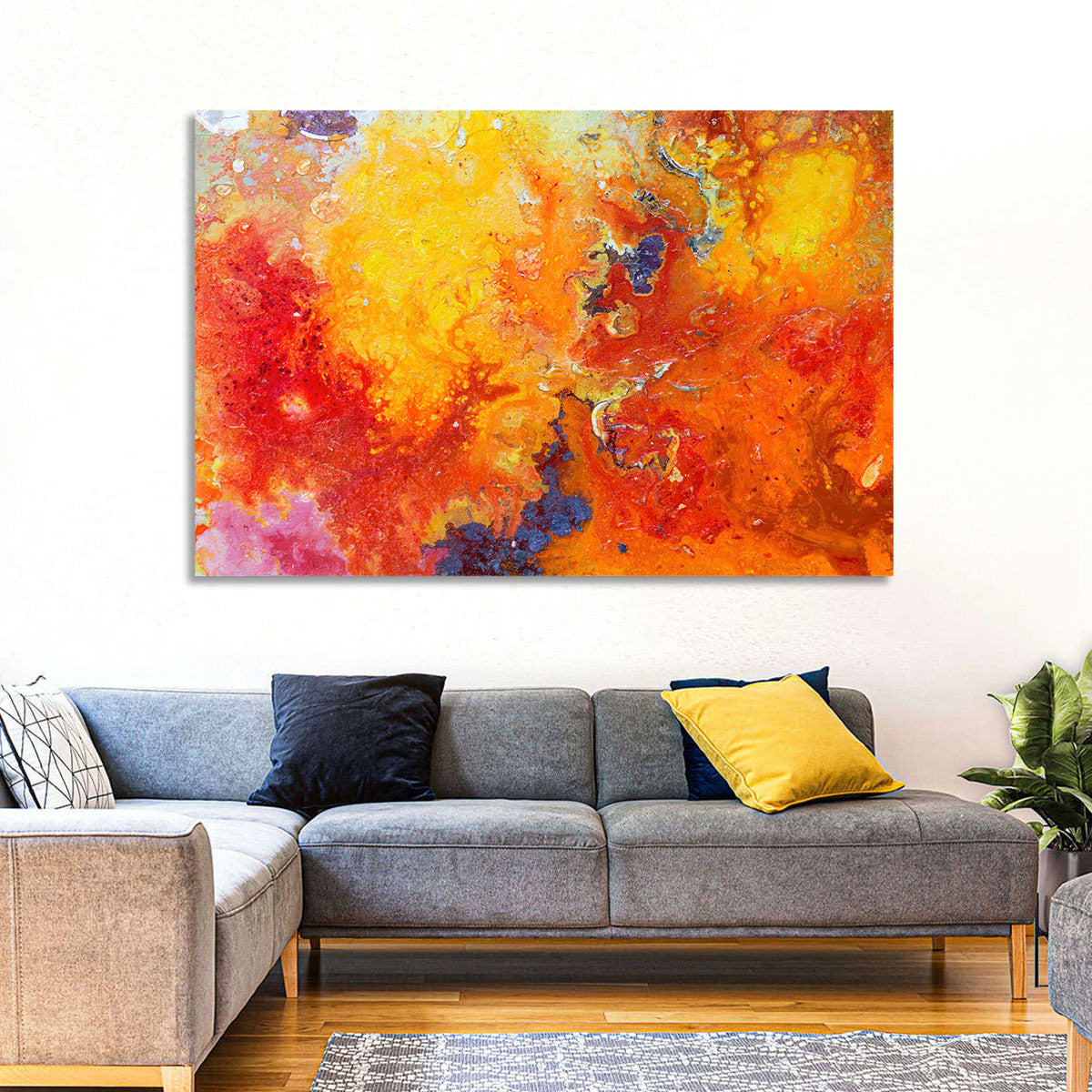 Molten Red Abstract Texture Wall Art in a room, landscape