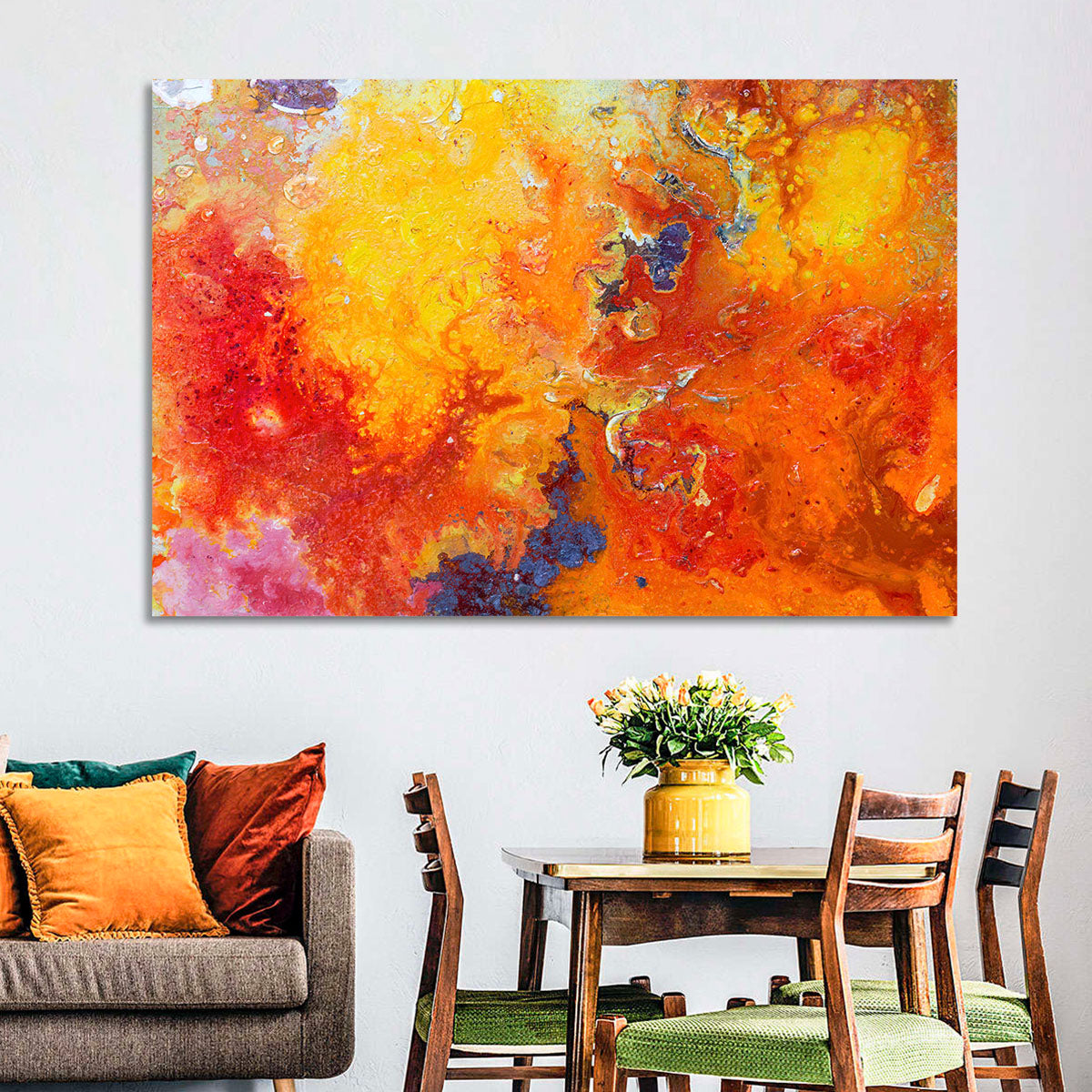 Molten Red Abstract Texture Wall Art in a room, landscape