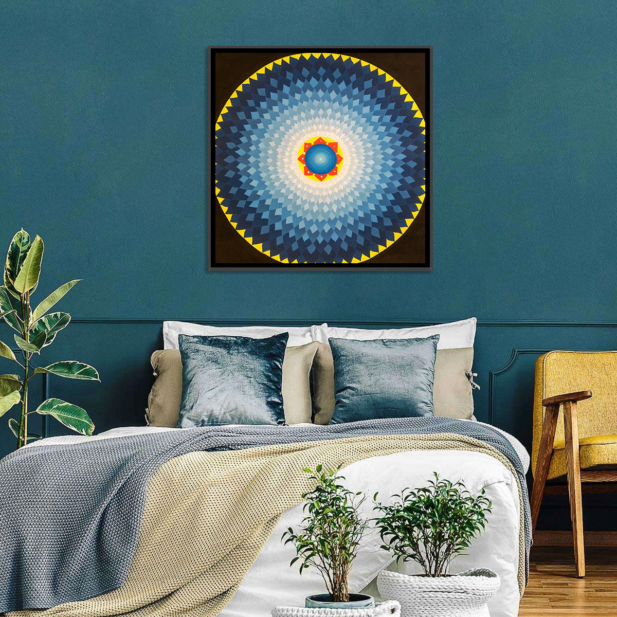 Radiant Blue Sunburst Mandala Wall Art in a room, square