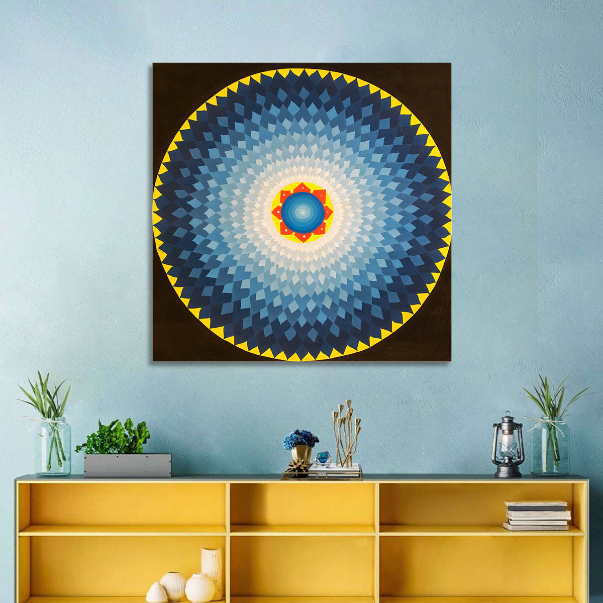 Radiant Blue Sunburst Mandala Wall Art in a room, square