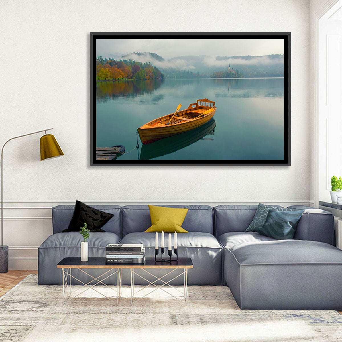 Tethered Boat on Lake Bled Wall Art in a room, landscape