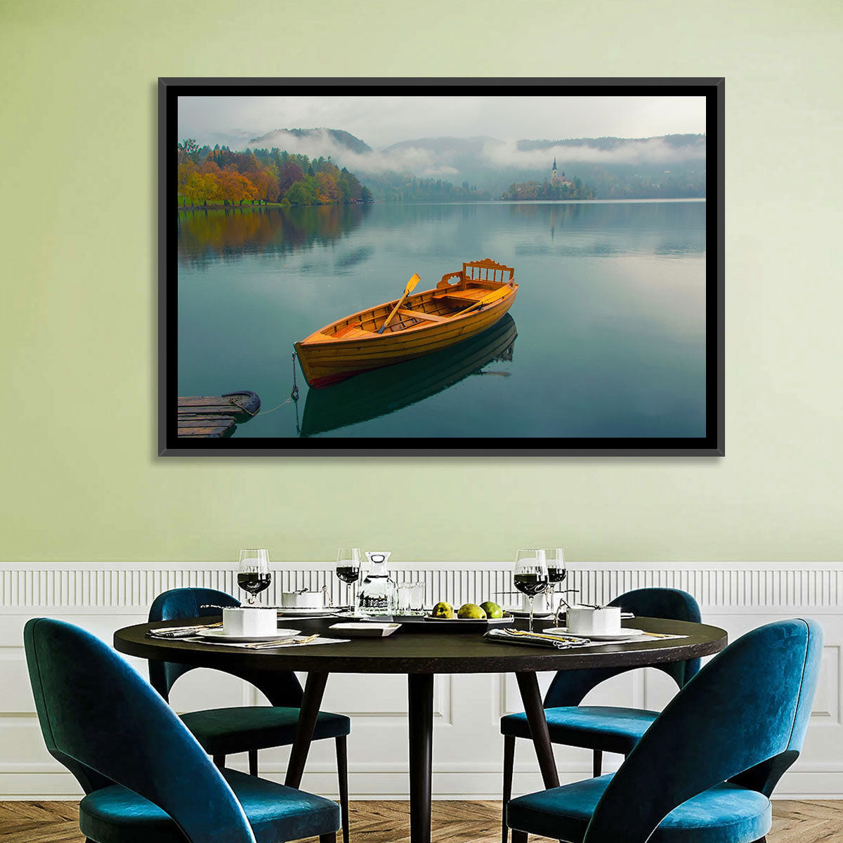 Tethered Boat on Lake Bled Wall Art in a room, landscape