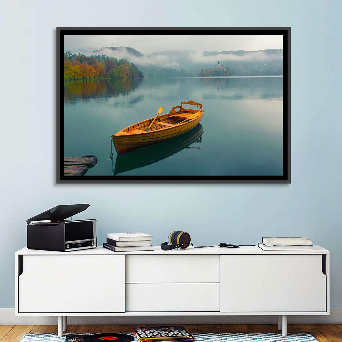 Tethered Boat on Lake Bled Wall Art in a room, landscape