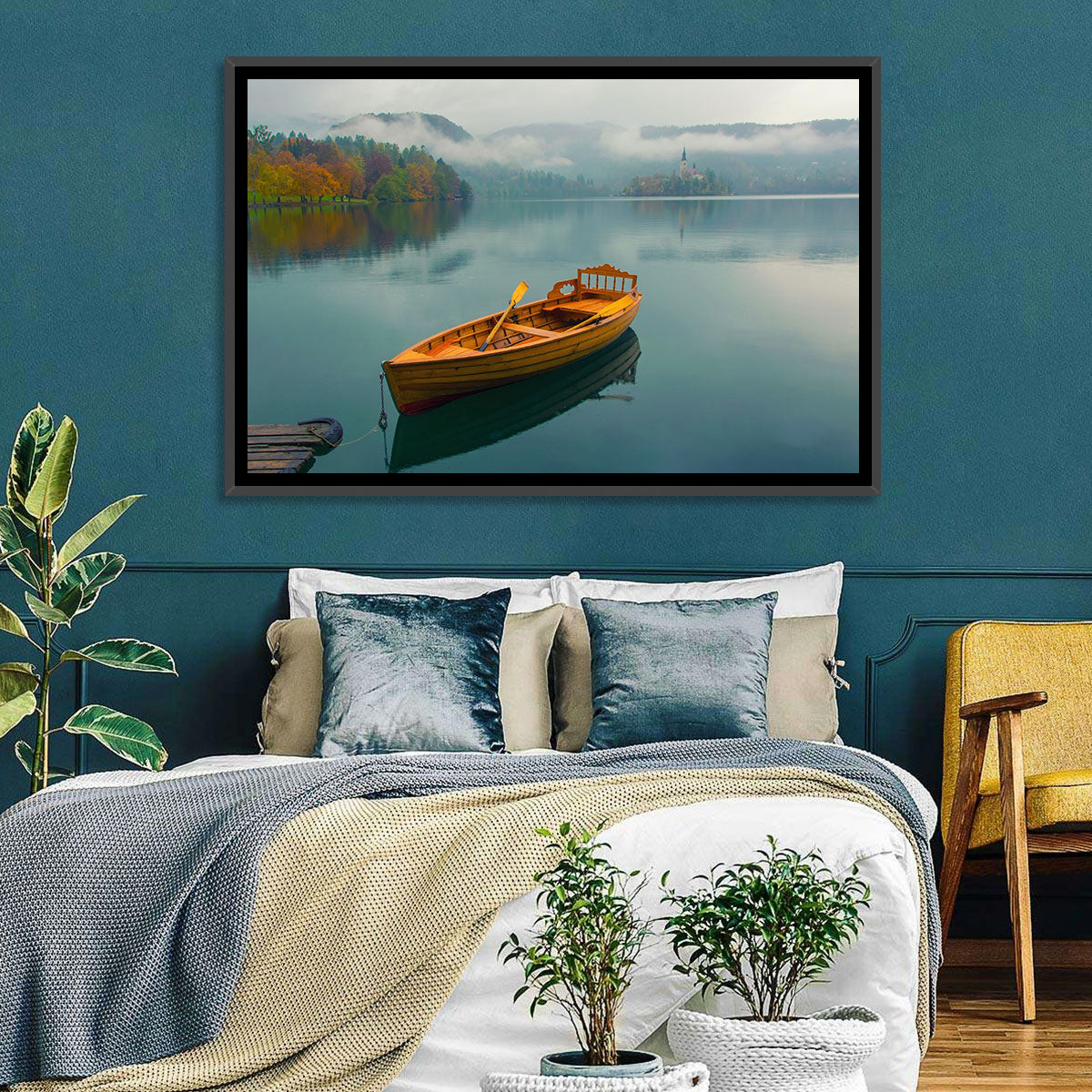 Tethered Boat on Lake Bled Wall Art in a room, landscape