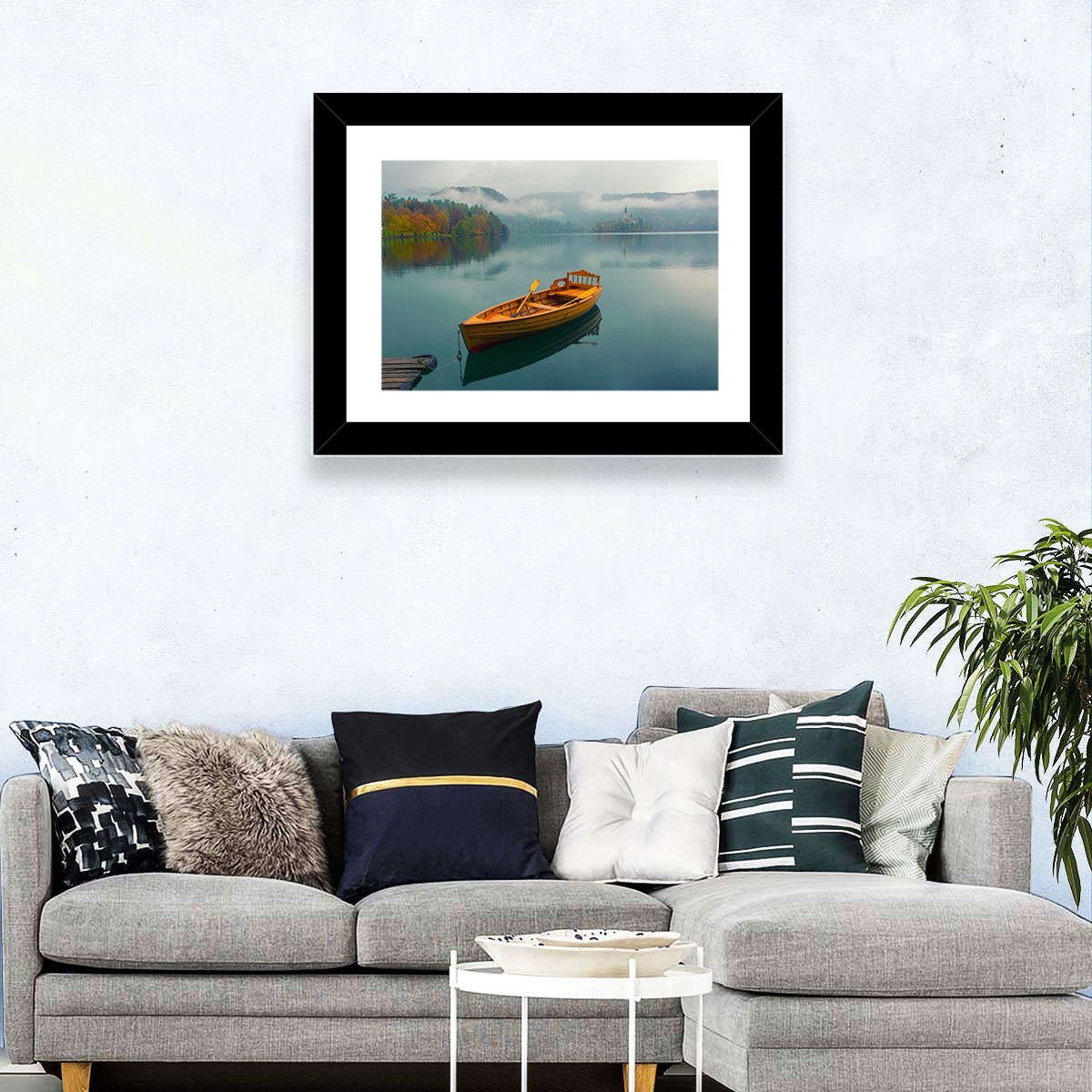 Tethered Boat on Lake Bled Wall Art in a room, landscape