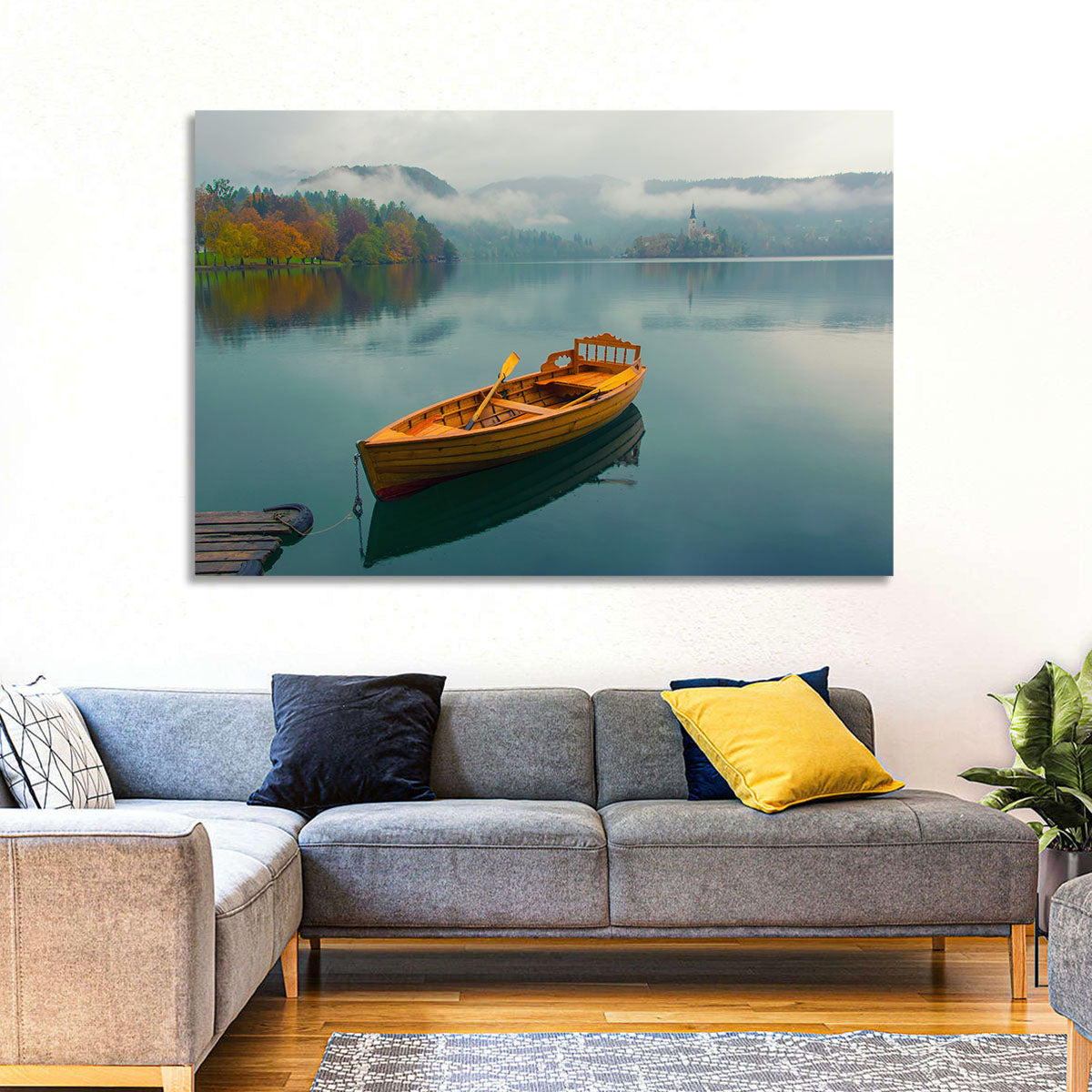 Tethered Boat on Lake Bled Wall Art in a room, landscape