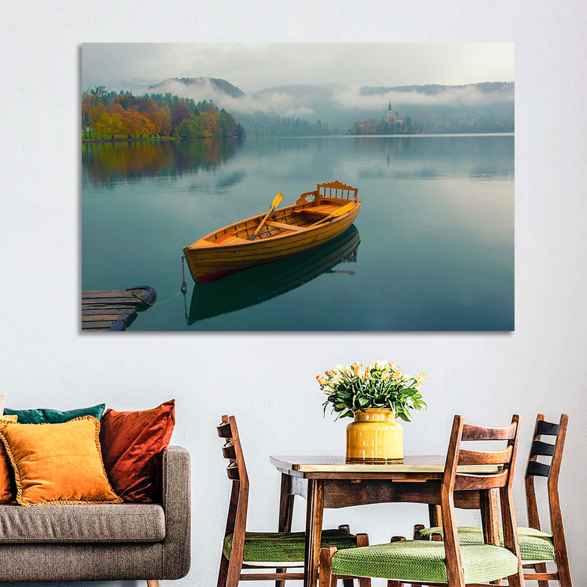 Tethered Boat on Lake Bled Wall Art in a room, landscape