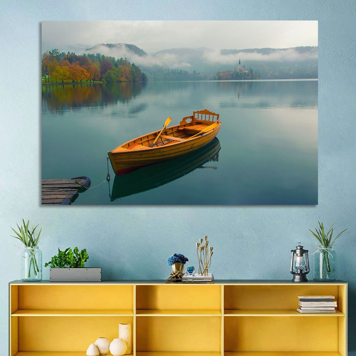 Tethered Boat on Lake Bled Wall Art in a room, landscape