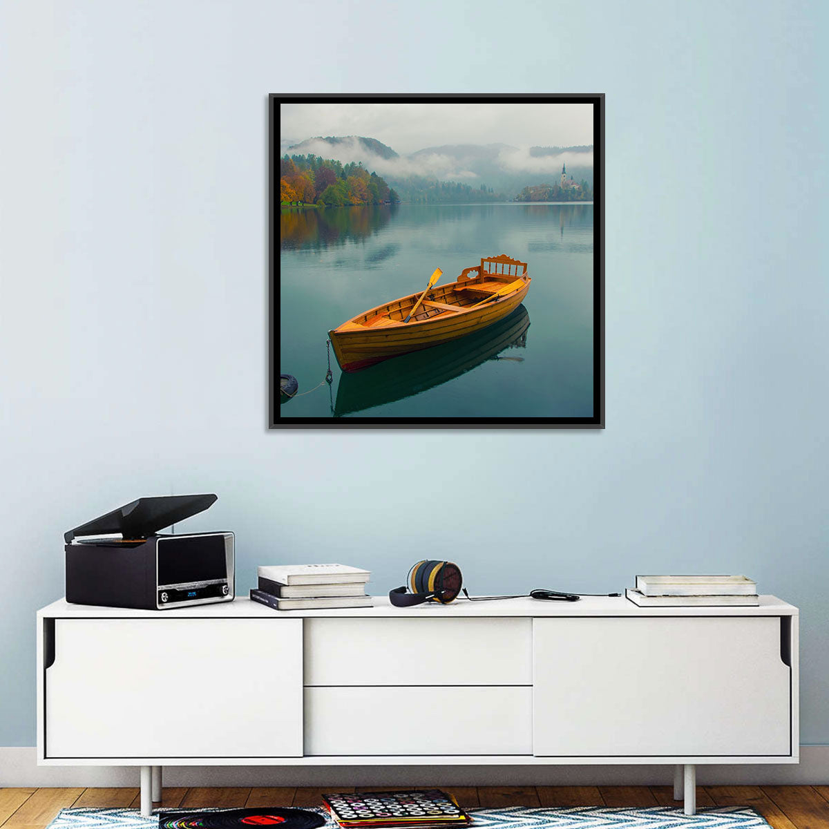Tethered Boat on Lake Bled Wall Art in a room, landscape