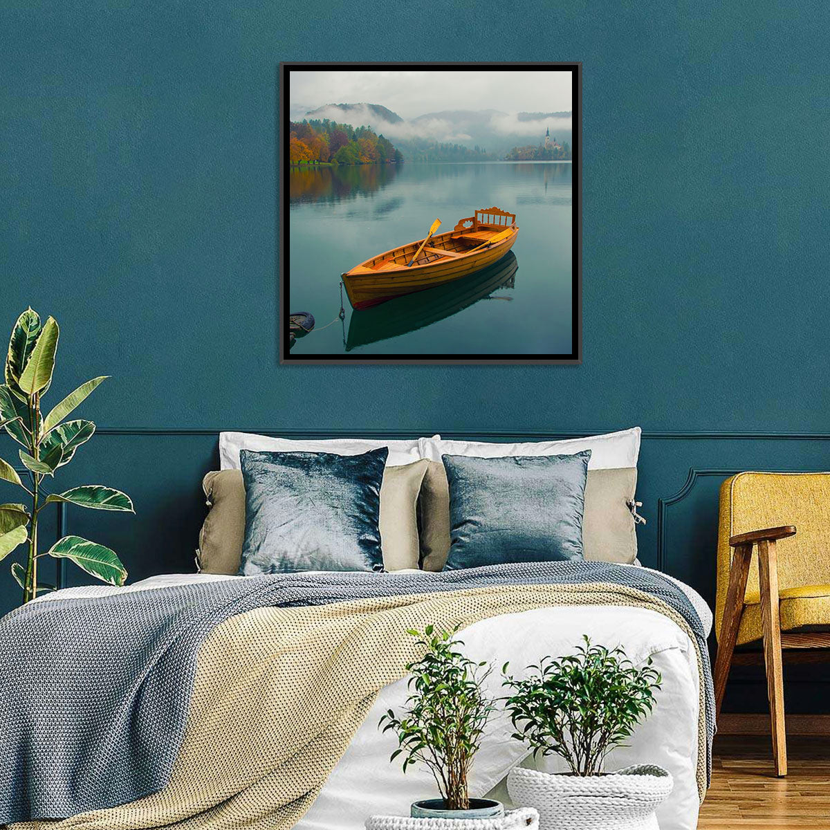 Tethered Boat on Lake Bled Wall Art in a room, landscape