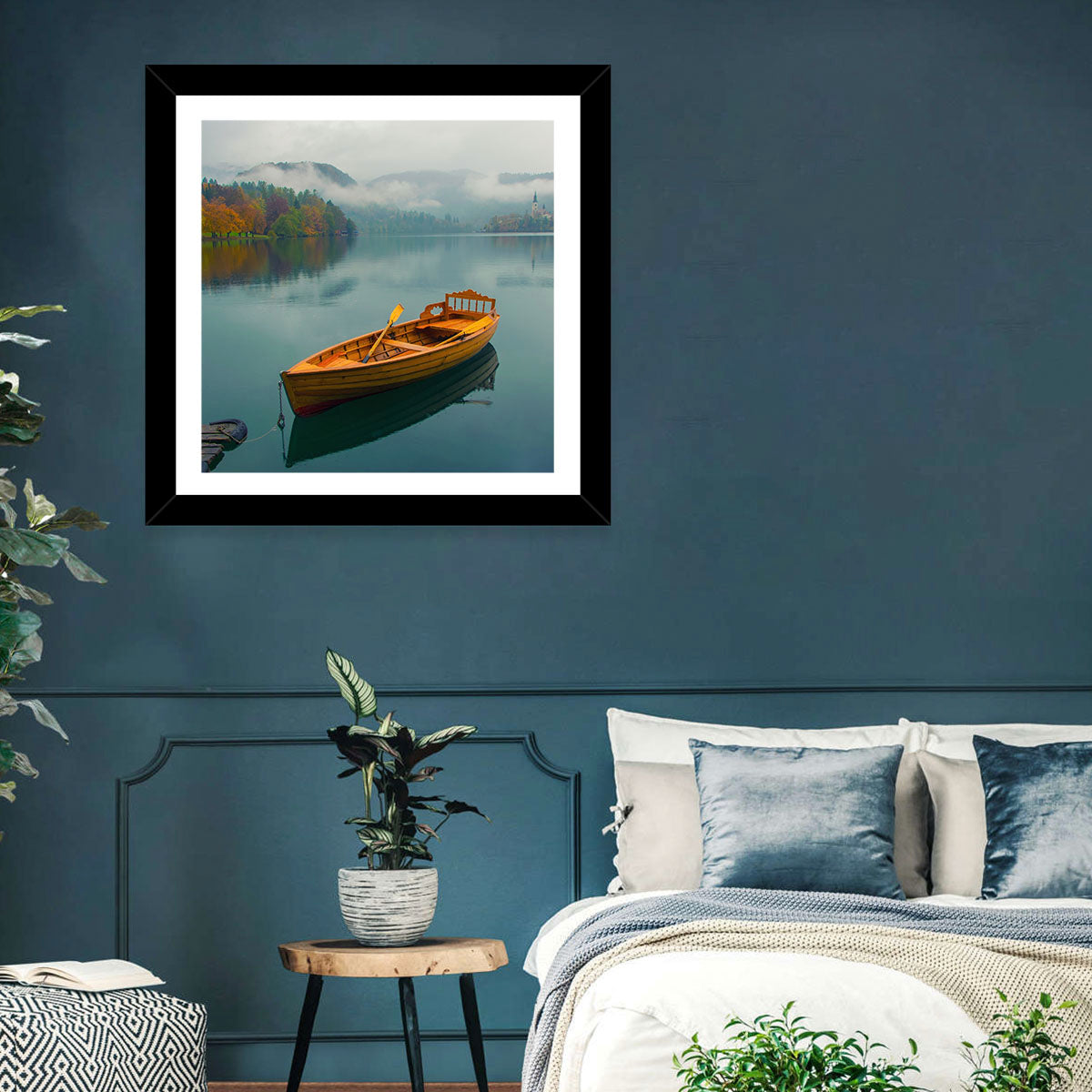Tethered Boat on Lake Bled Wall Art in a room, landscape