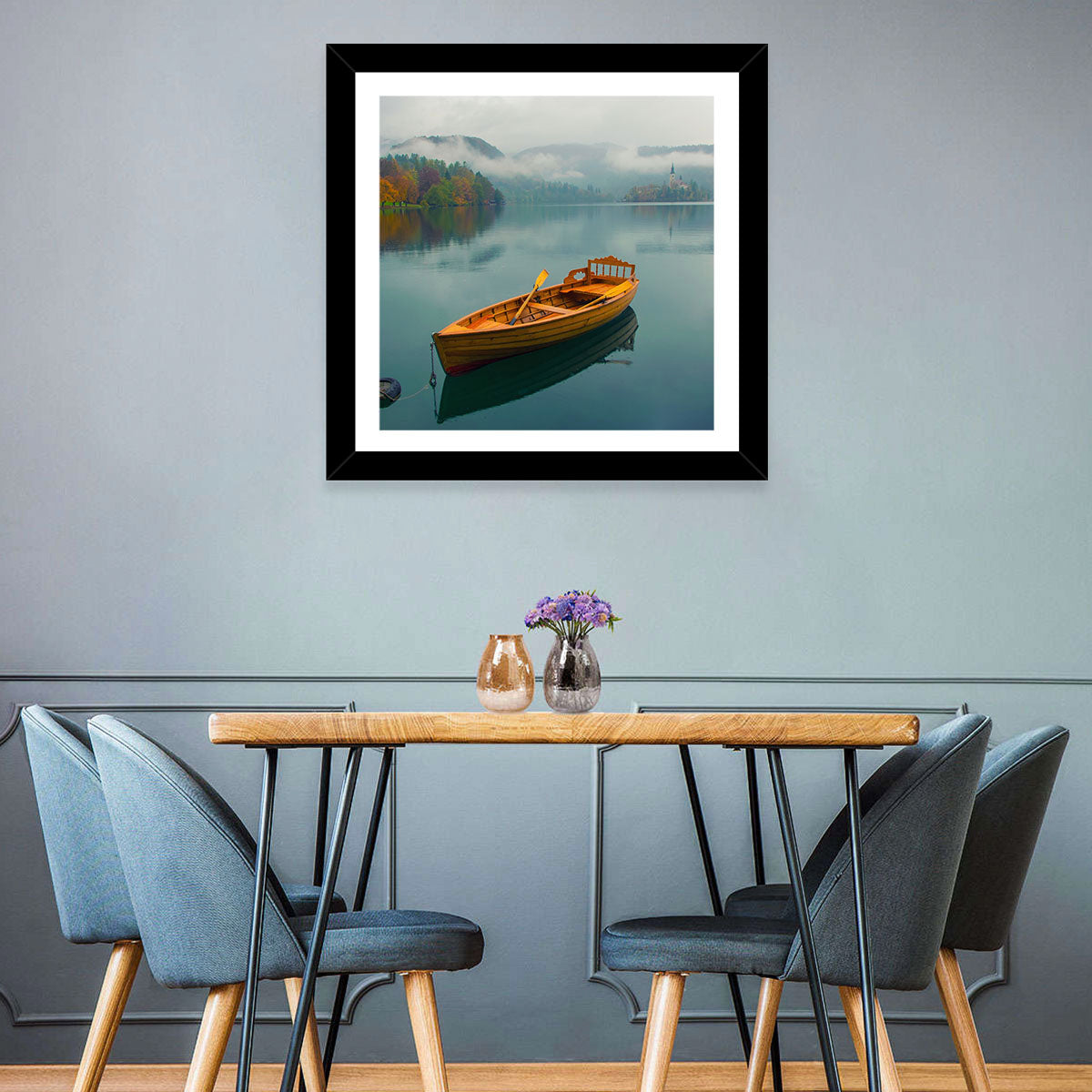 Tethered Boat on Lake Bled Wall Art in a room, landscape