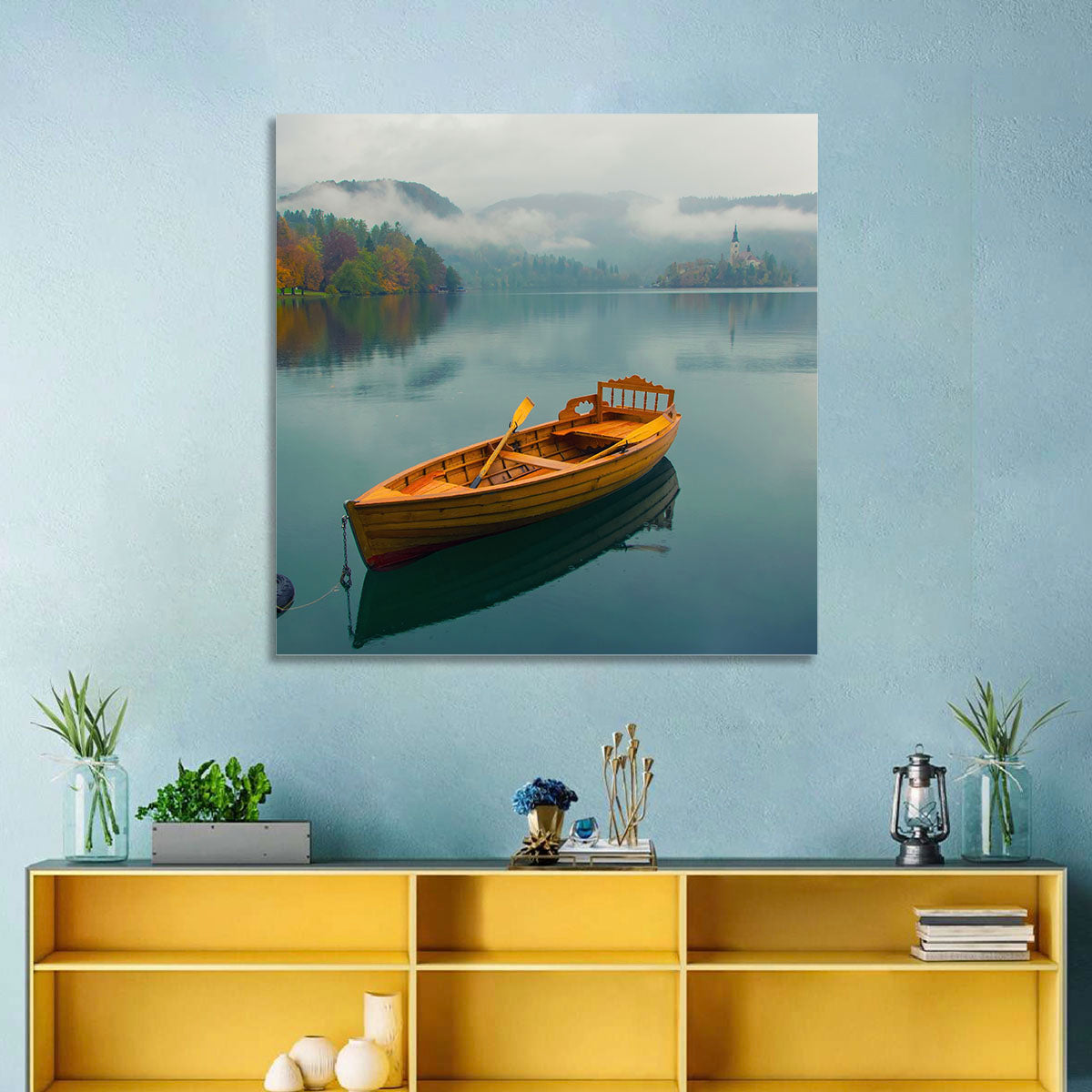 Tethered Boat on Lake Bled Wall Art in a room, landscape