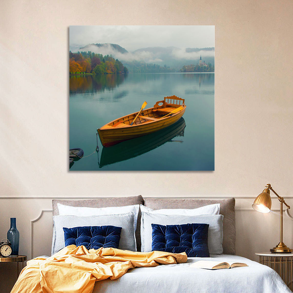 Tethered Boat on Lake Bled Wall Art in a room, landscape