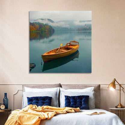 Foggy Bled Lake Boat Wall Art