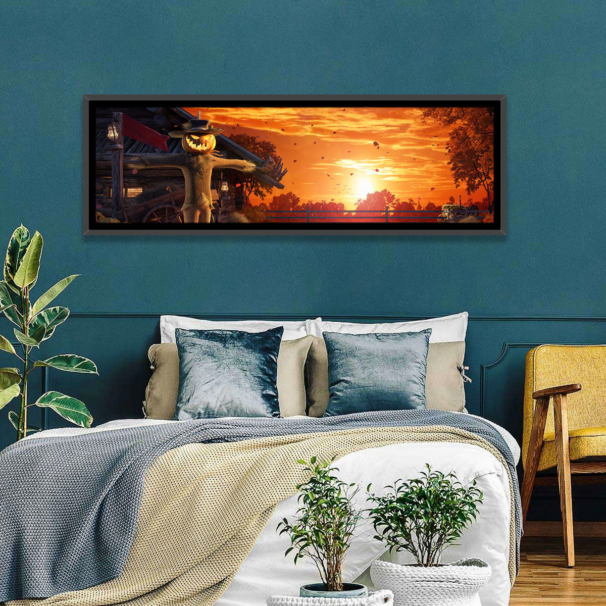 Glowing Pumpkin Scarecrow at Dusk Wall Art in a room, panoramic