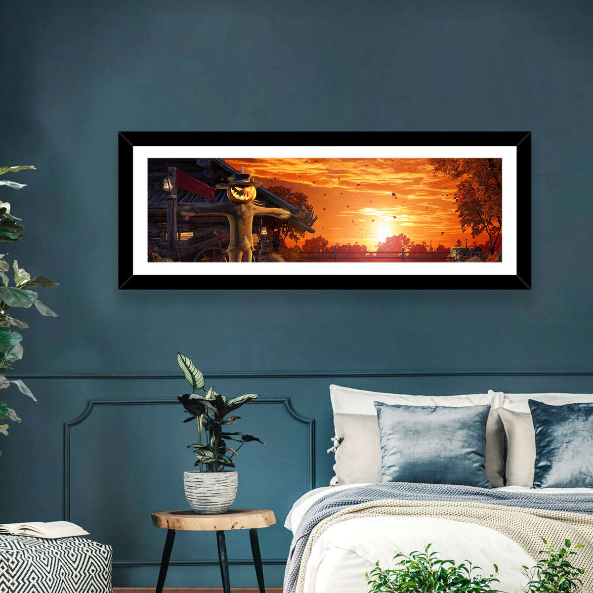 Glowing Pumpkin Scarecrow at Dusk Wall Art in a room, panoramic