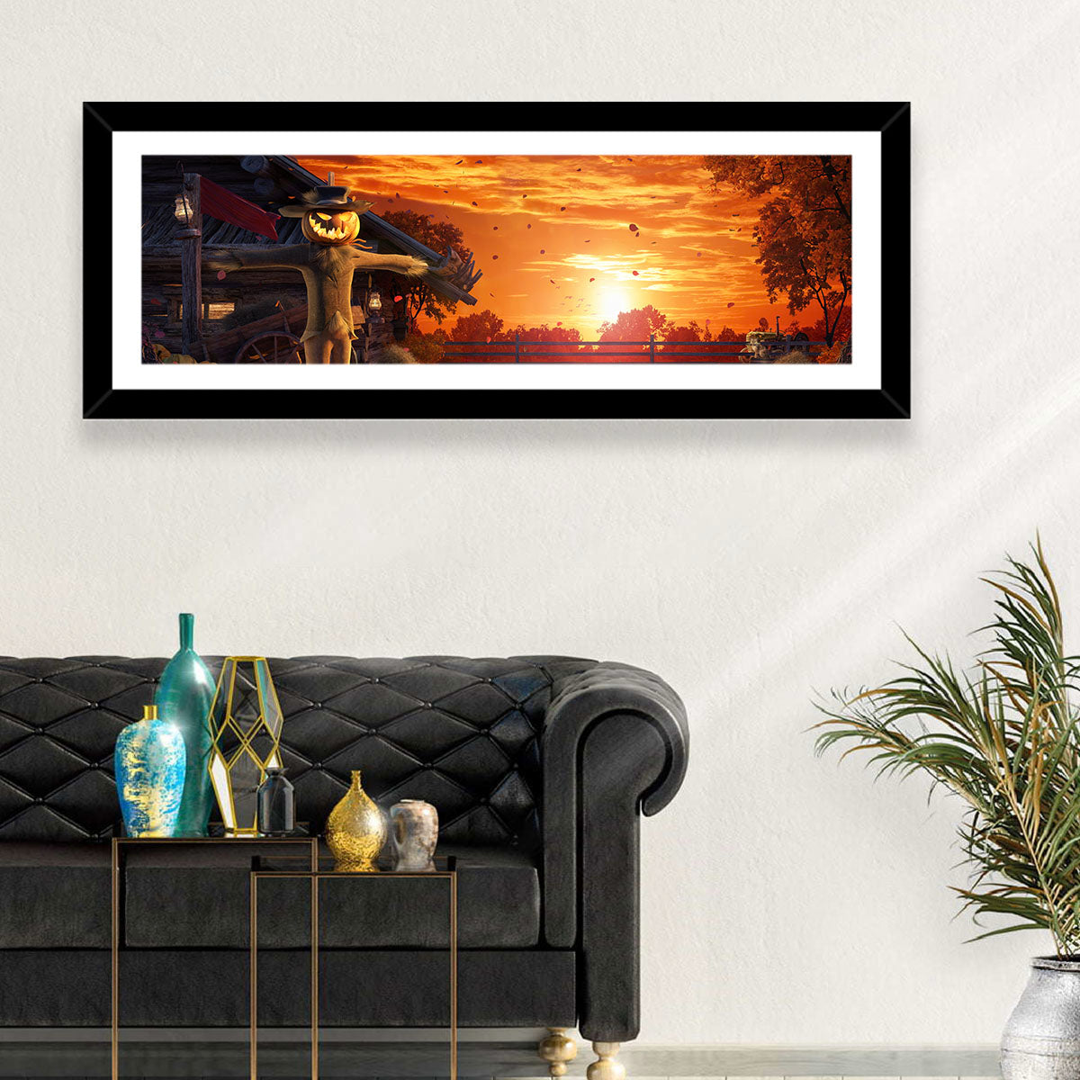 Glowing Pumpkin Scarecrow at Dusk Wall Art in a room, panoramic