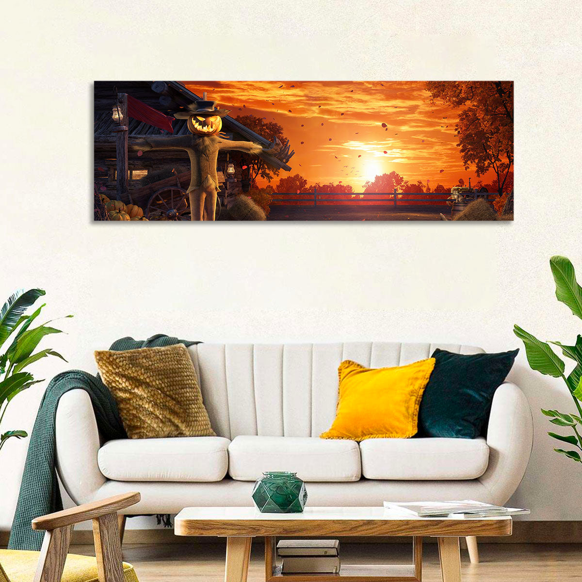 Glowing Pumpkin Scarecrow at Dusk Wall Art in a room, panoramic