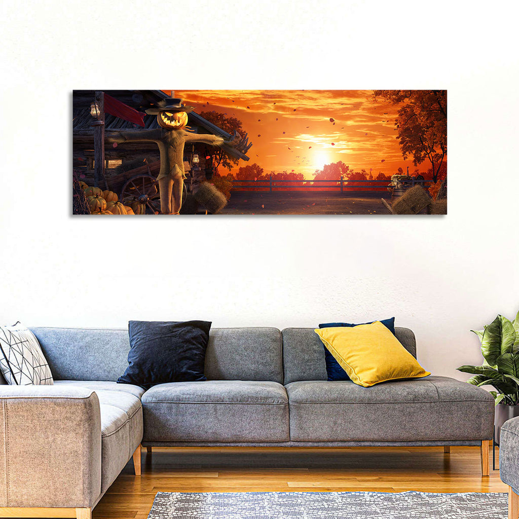 Glowing Pumpkin Scarecrow at Dusk Wall Art