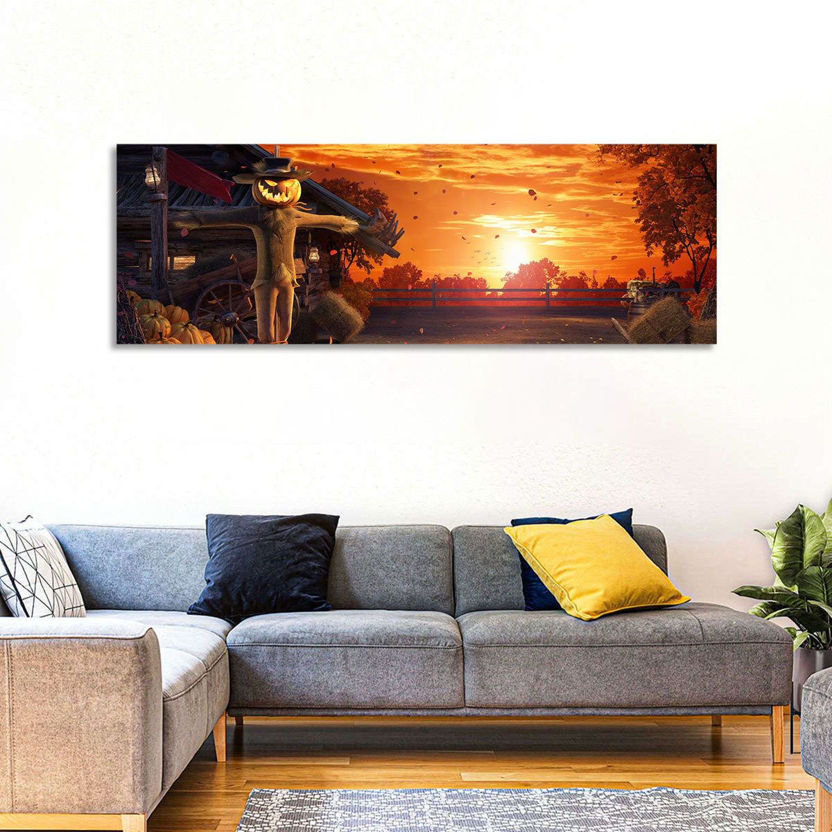 Glowing Pumpkin Scarecrow at Dusk Wall Art in a room, panoramic