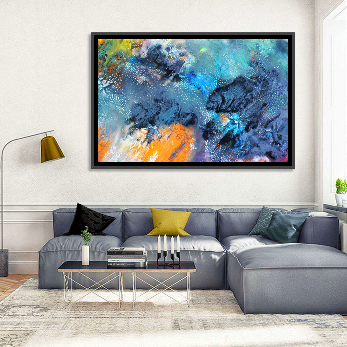 Vivid Icy Nebula Abstract Wall Art in a room, landscape