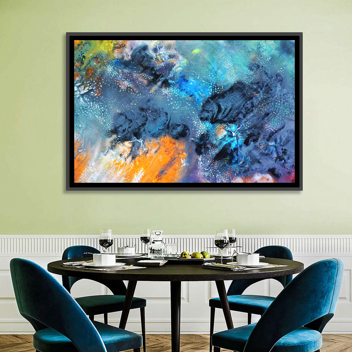 Vivid Icy Nebula Abstract Wall Art in a room, landscape