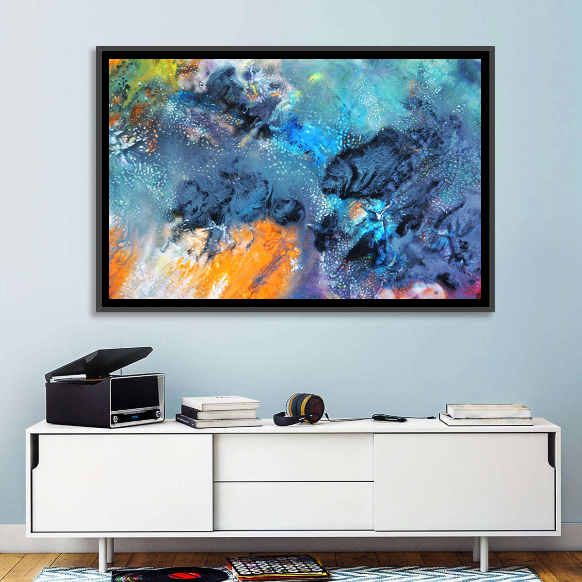 Vivid Icy Nebula Abstract Wall Art in a room, landscape