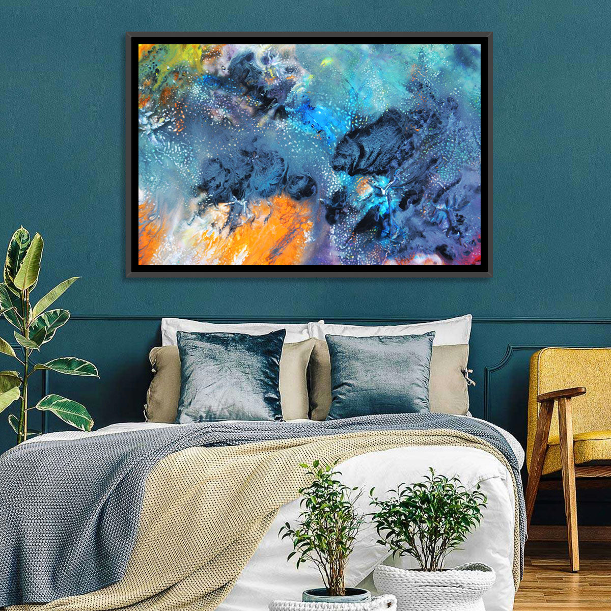 Vivid Icy Nebula Abstract Wall Art in a room, landscape