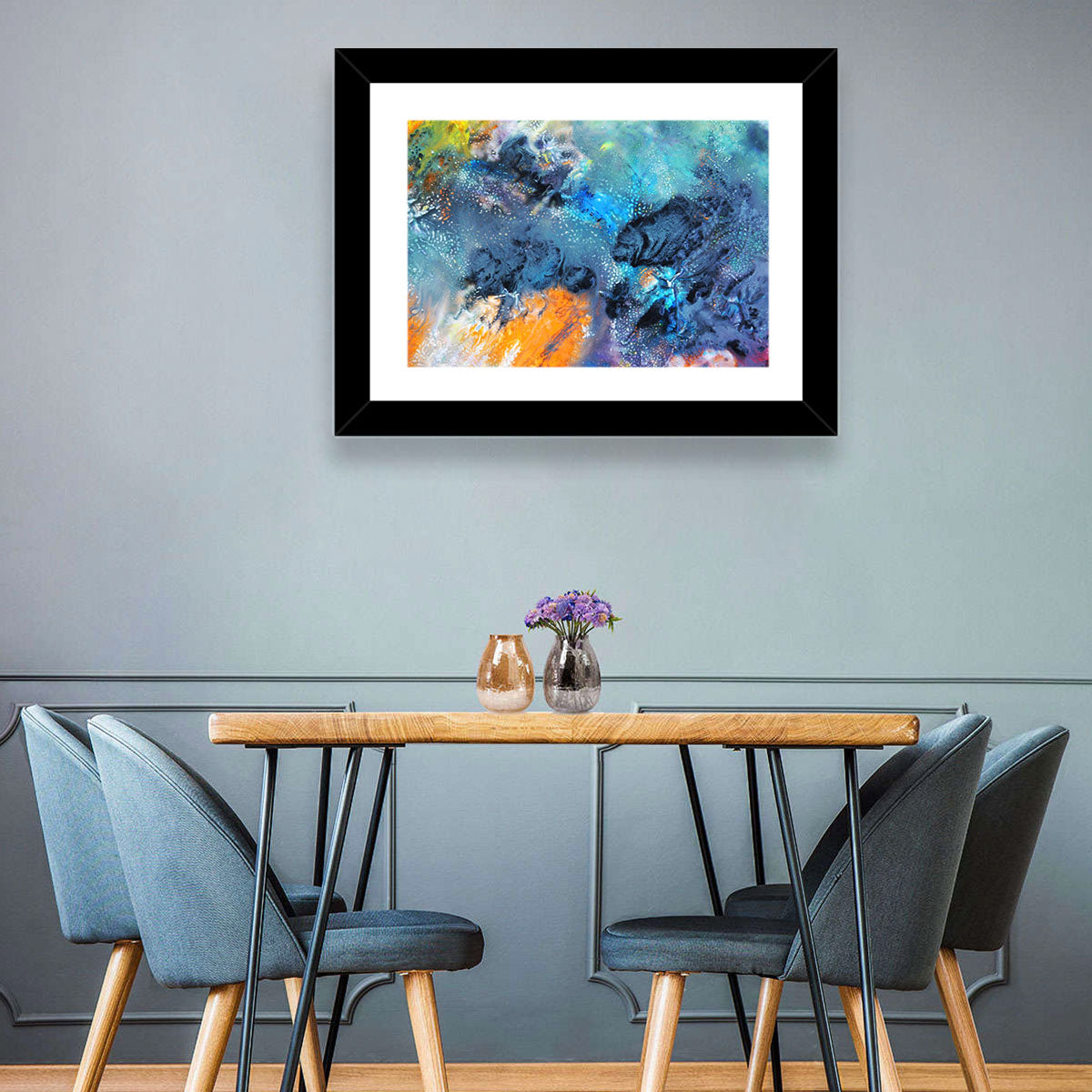 Vivid Icy Nebula Abstract Wall Art in a room, landscape
