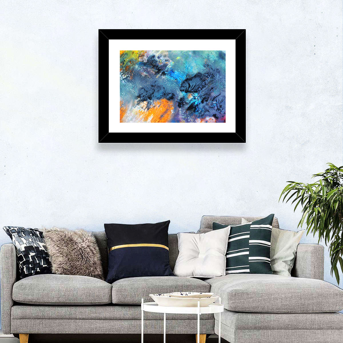 Vivid Icy Nebula Abstract Wall Art in a room, landscape