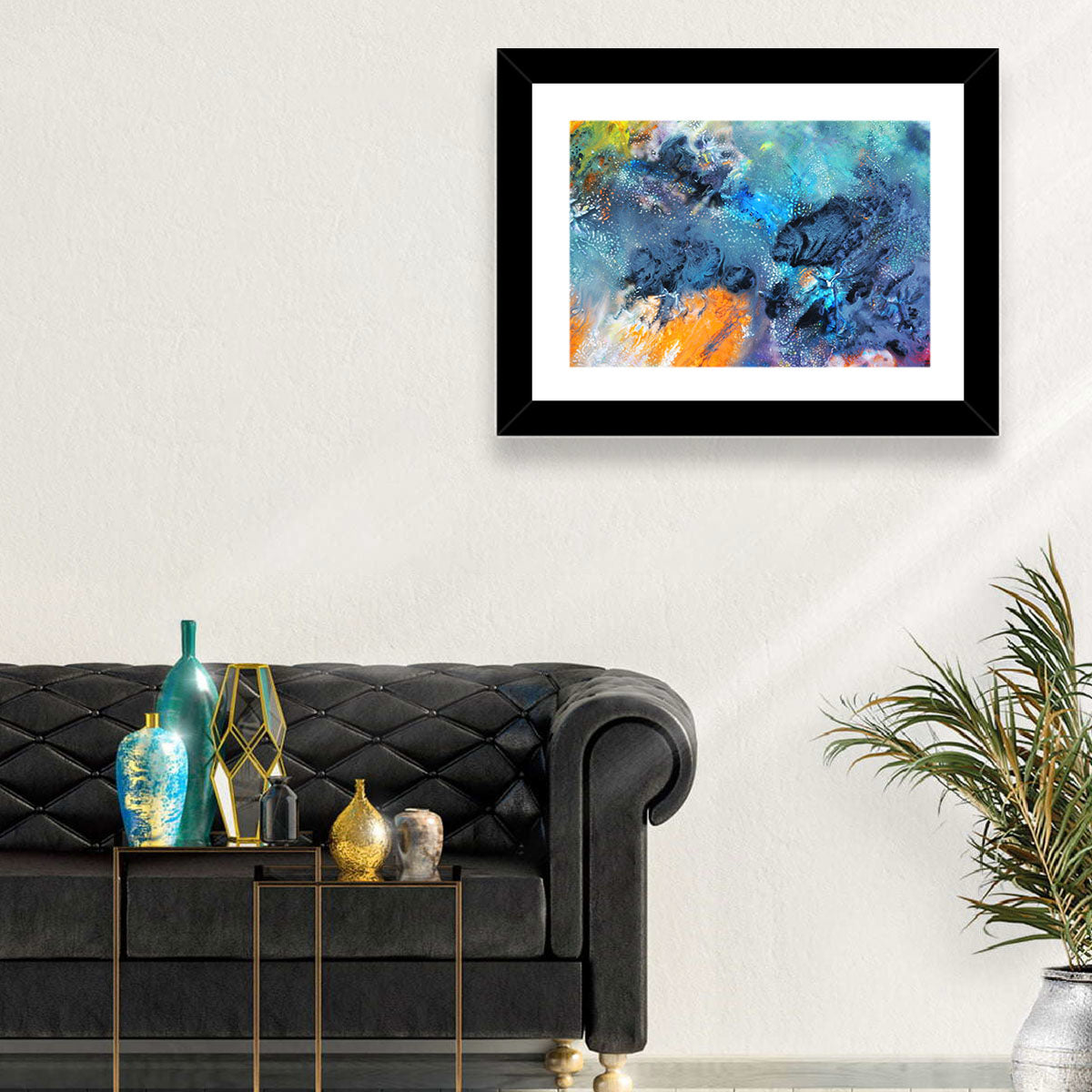 Vivid Icy Nebula Abstract Wall Art in a room, landscape
