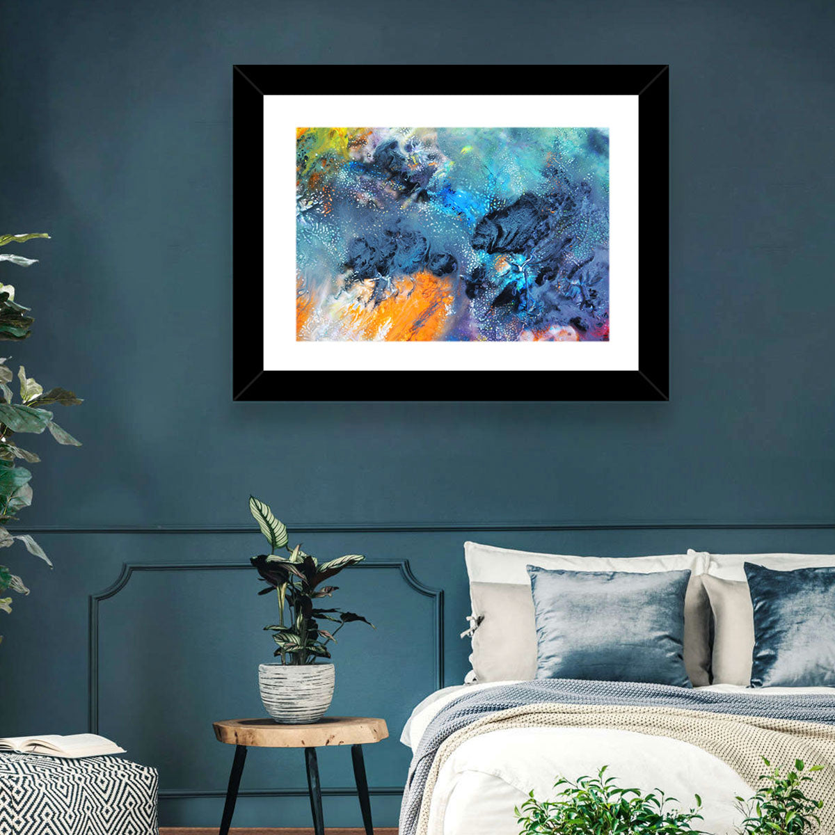 Vivid Icy Nebula Abstract Wall Art in a room, landscape