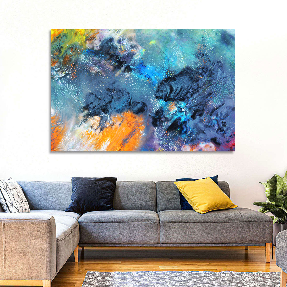 Vivid Icy Nebula Abstract Wall Art in a room, landscape